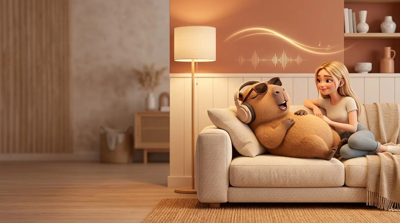 Capi lying on a sofa with headphones and sunglasses, Sofía beside him with earbuds, a sound wave on the wall.
