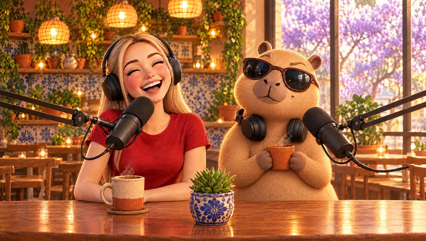 Sofía laughing in headphones and Capi in sunglasses holding a mug, at microphones in a tiled Mexican café.