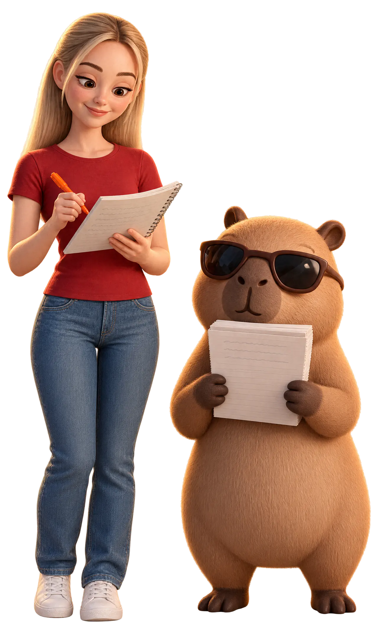 Sofía, the AI tutor, correcting a notebook with an orange pen while Capi the capybara holds a stack of index cards