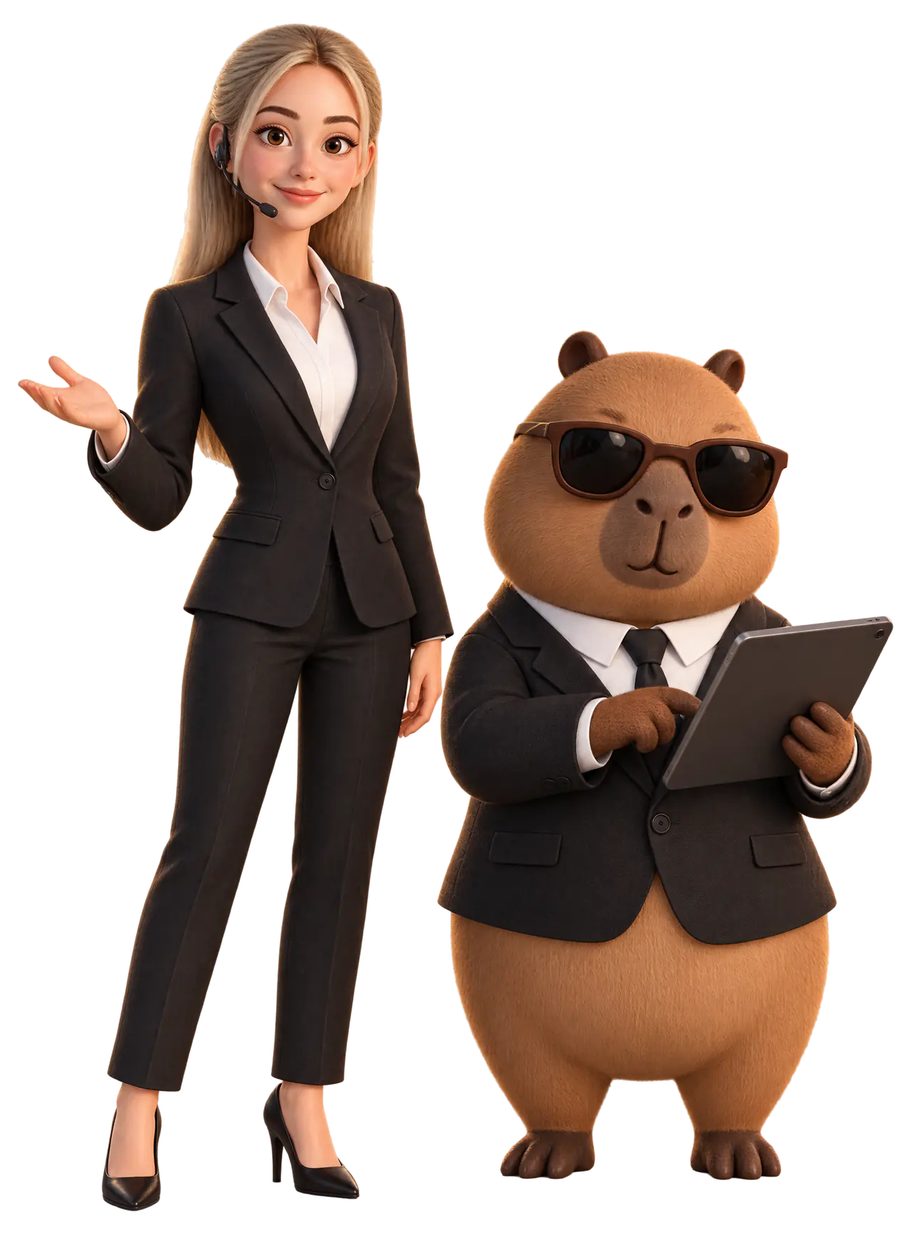 Sofía in a suit and headset on a support call, next to Capi the capybara in a suit checking a tablet