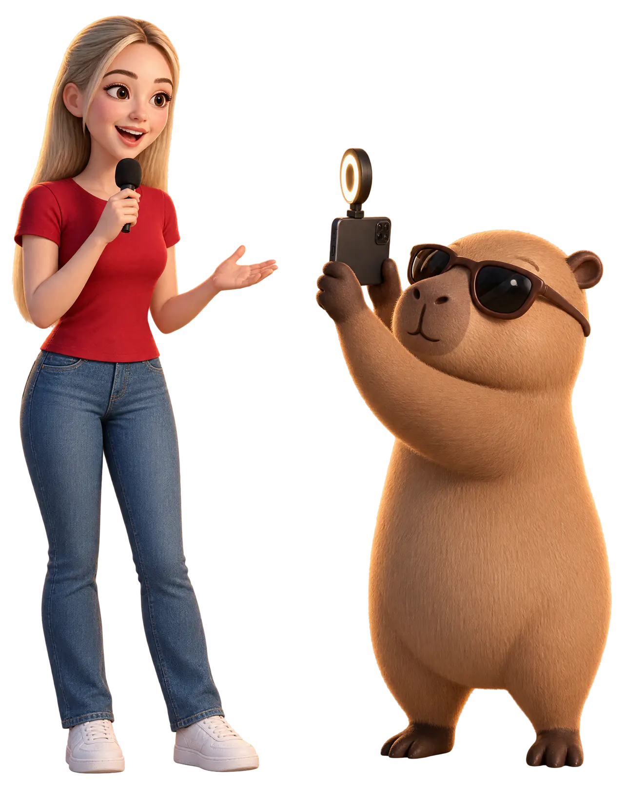 Sofía recording a video with a microphone while Capi the capybara films her on a phone