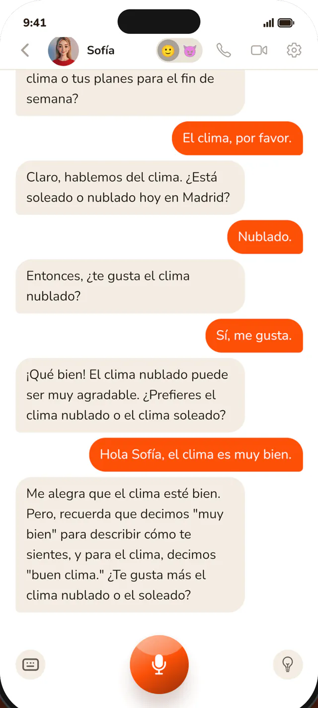 Ein Chat mit Sofía: die Nachrichten des Lernenden in orangefarbenen Blasen, ihre Antworten mit den Korrekturen.